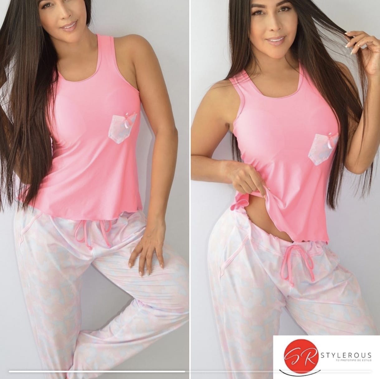 Pantalón rosado con azul + blusa rosa larga